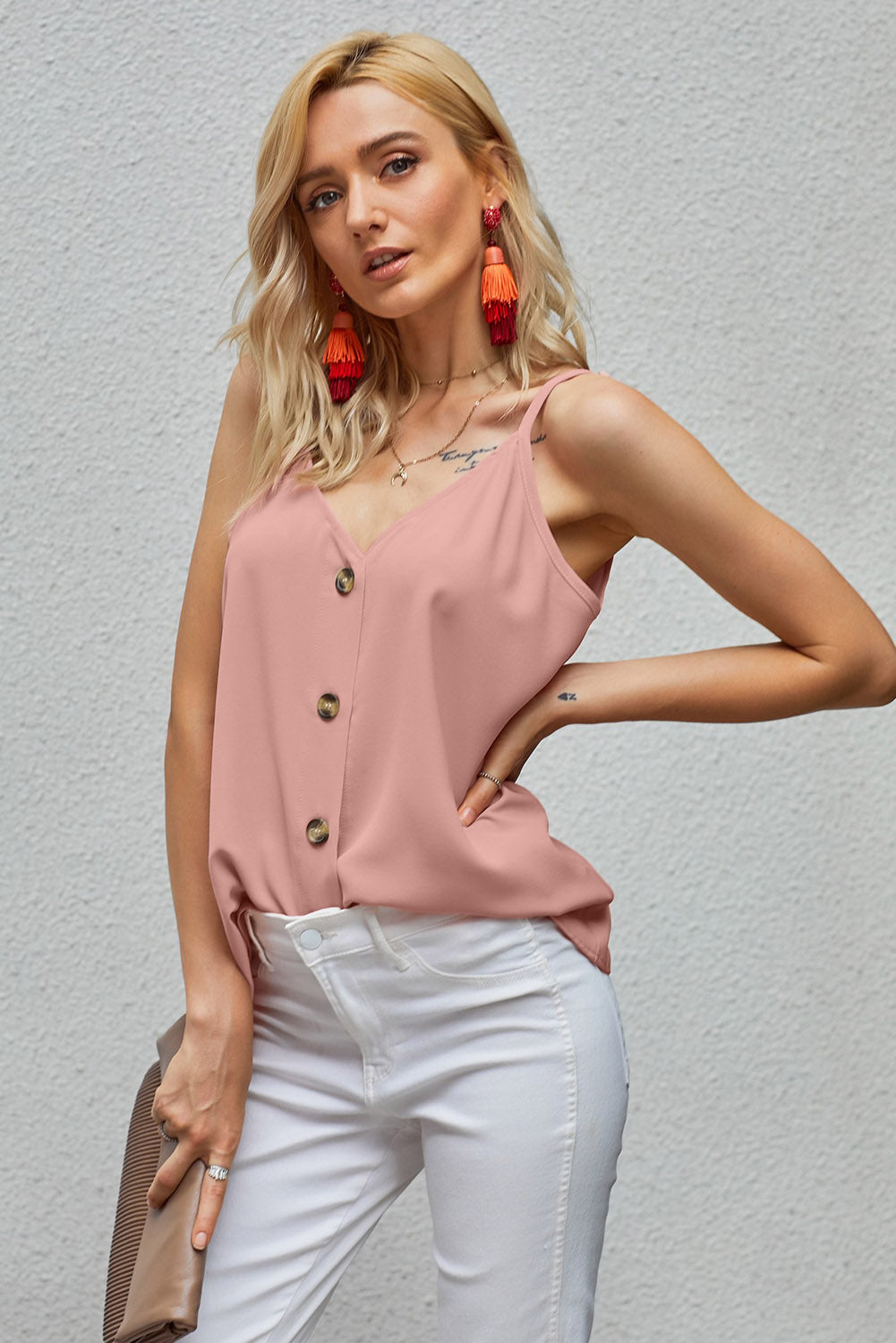 Chic Button Front Tank Top Pink S