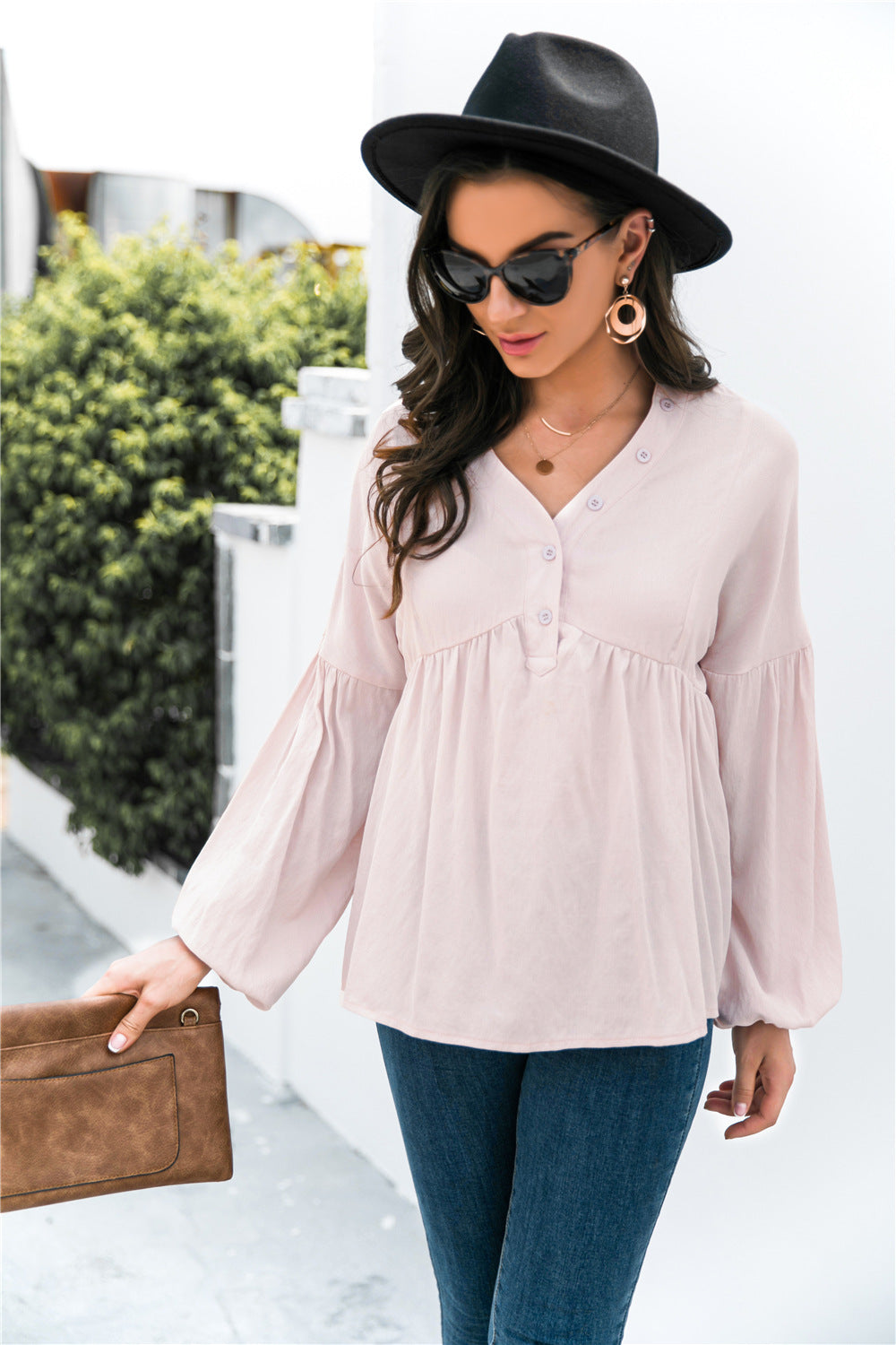 Lantern Sleeve Peplum Top Barely Pink S