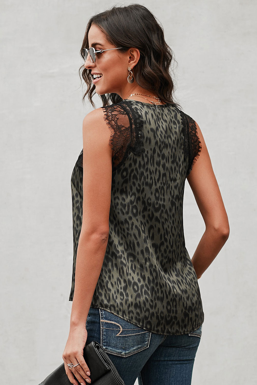 Contrast Animal Print Lace Tank