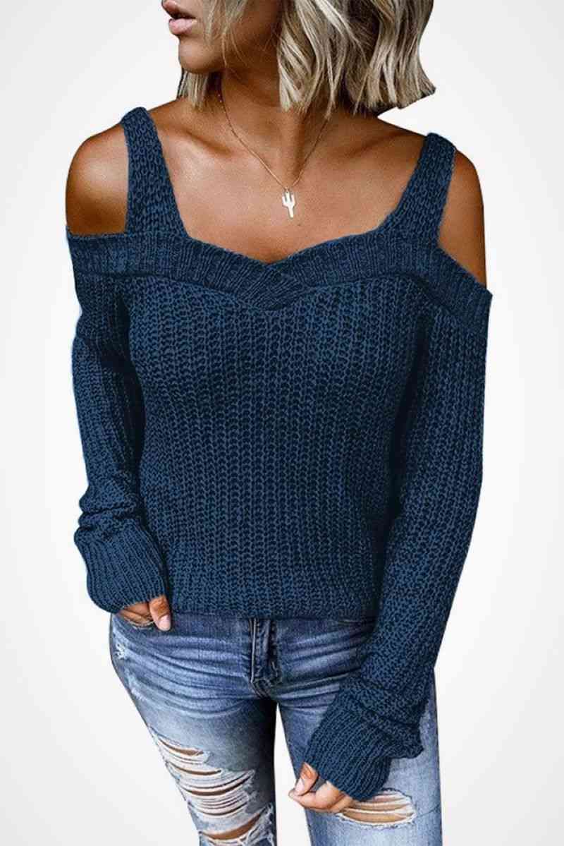Cold Shoulder Knit Sweater Blue S