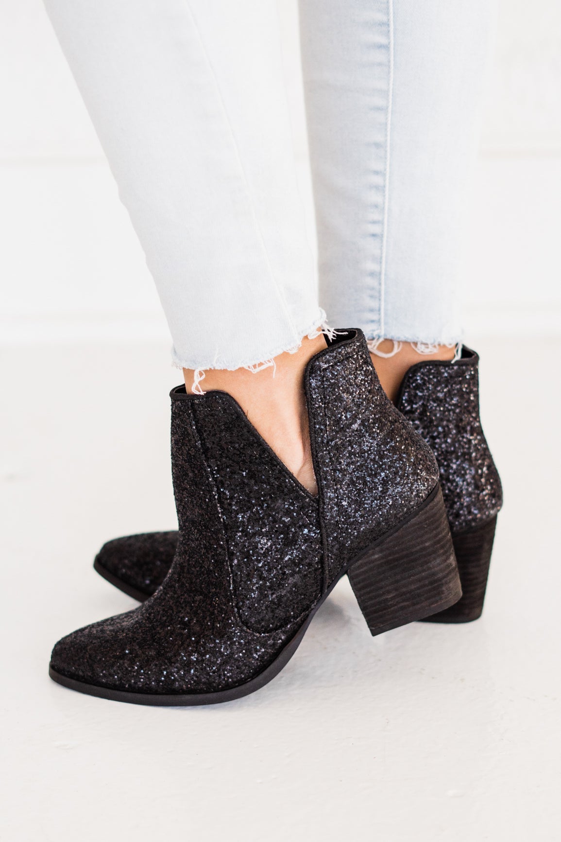 Anastasia Glitter Ankle Booties in Black
