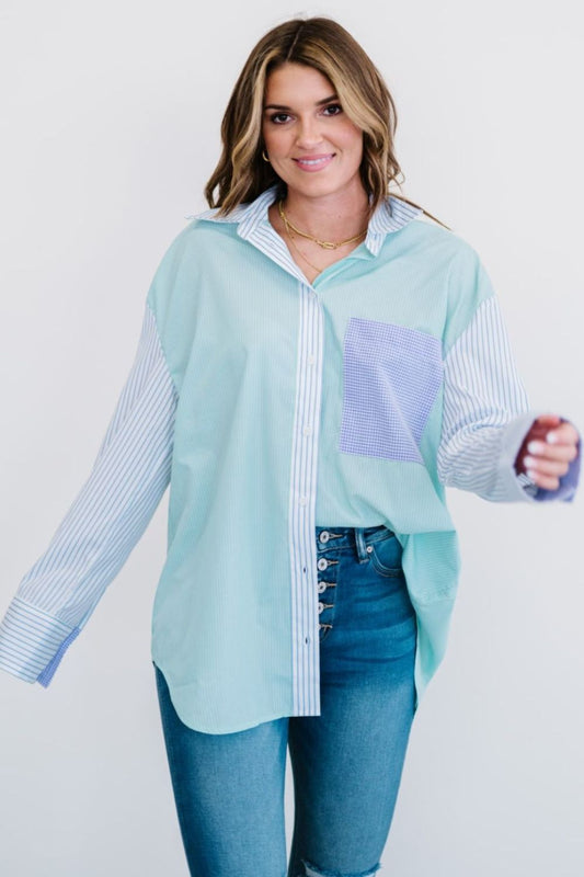 Embrace The Changes Mixed Print Button Down Shirt Mint S