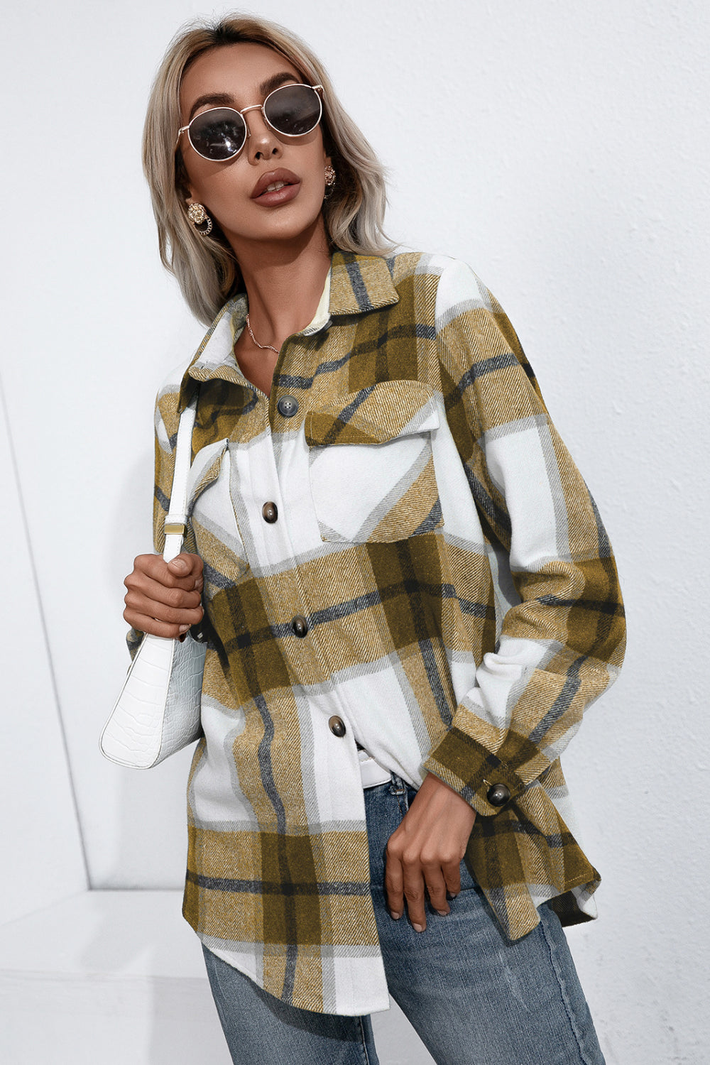 Plaid Button Up Flannel Shacket Mustard S