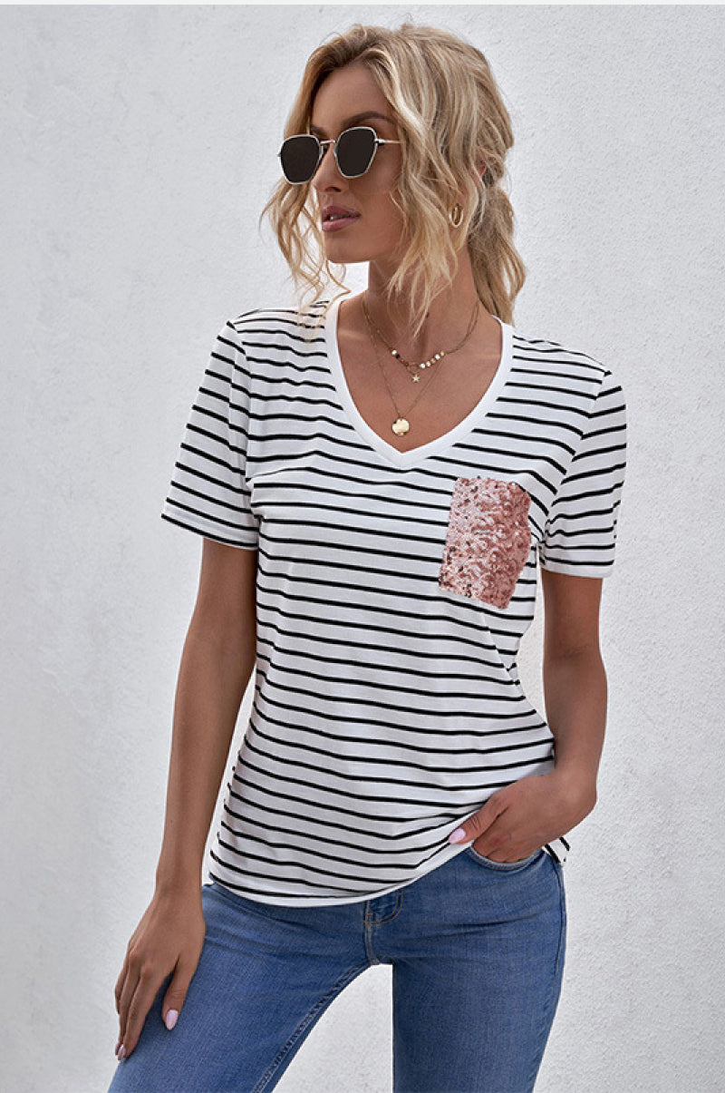 Sequin Pocket Striped Tee