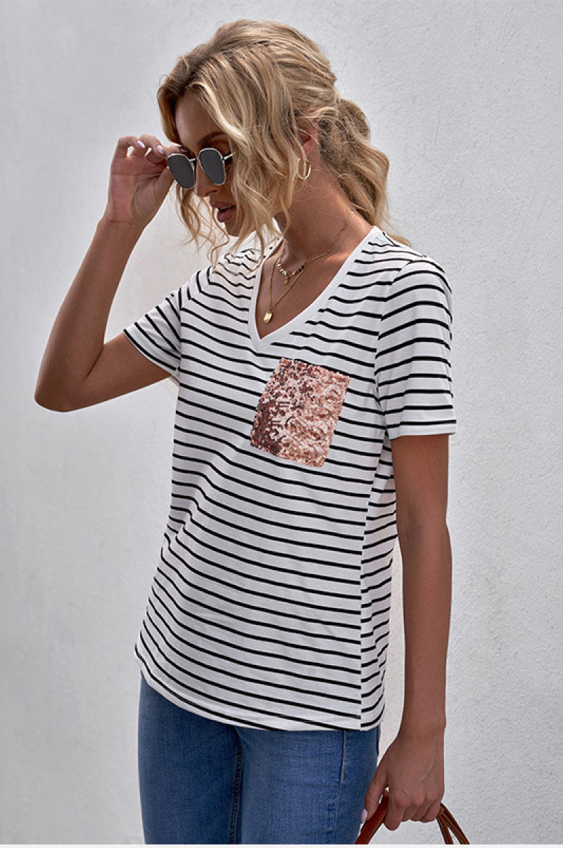 Sequin Pocket Striped Tee