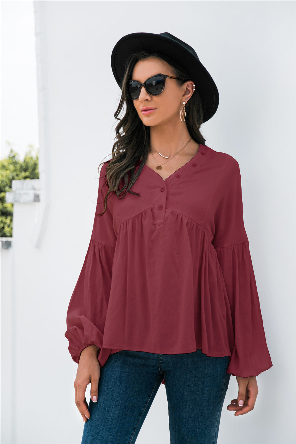 Lantern Sleeve Peplum Top Wine S