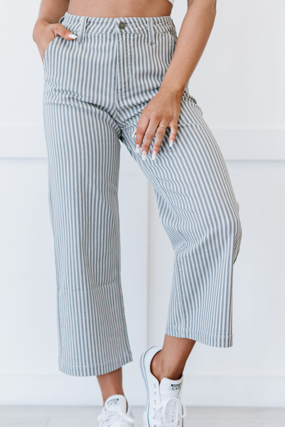 Kancan Live Boldly Pinstripe Wide Leg Cropped Jeans