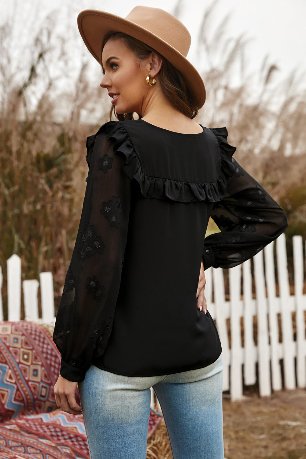 Ruffle Trim Sheer Sleeve Top