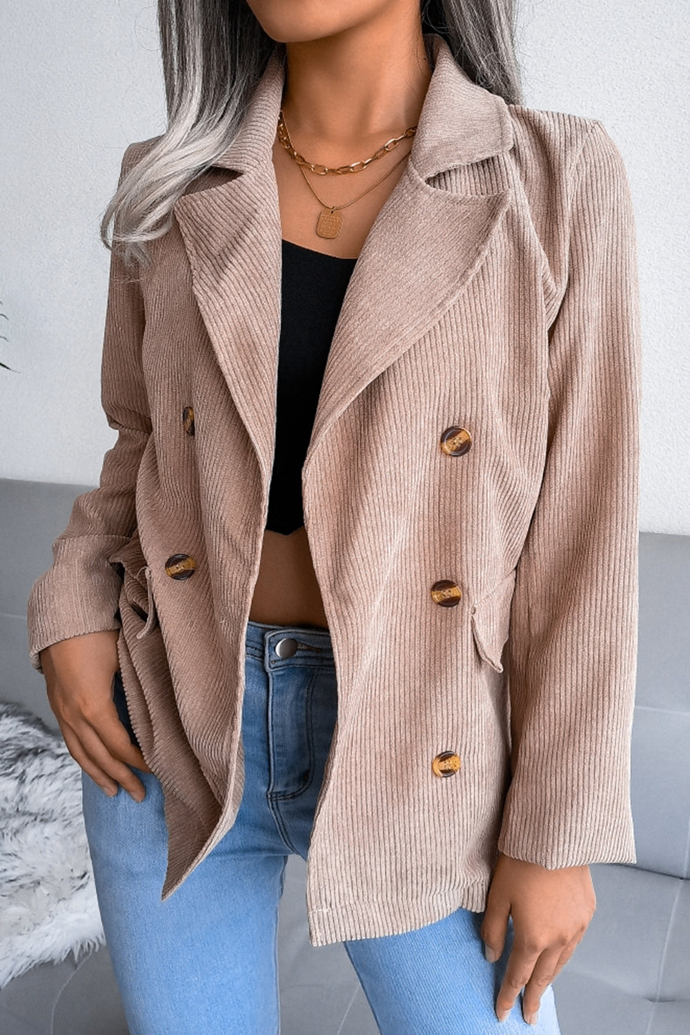 Corduroy Double-Breasted Blazer Tan S