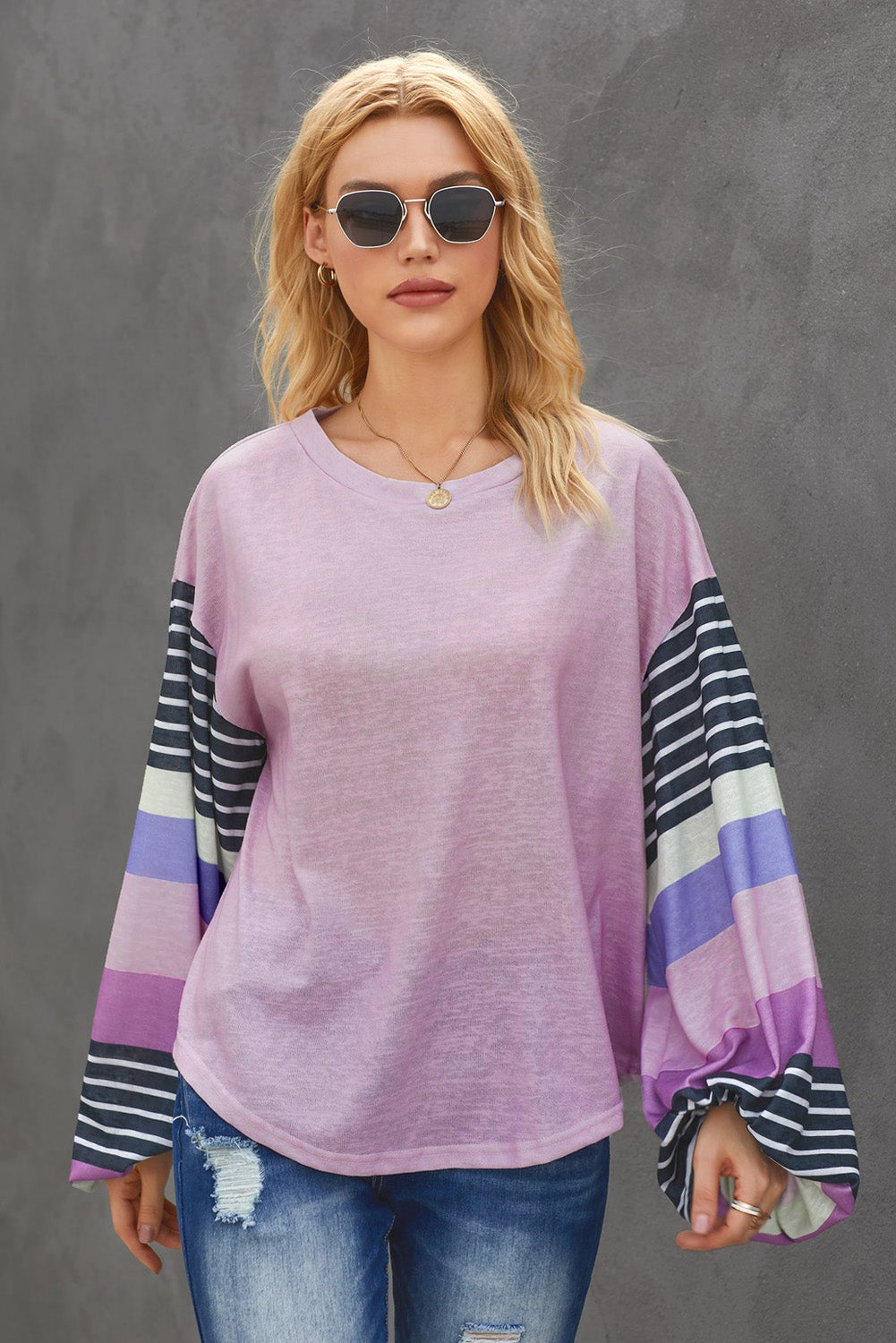 Bring the Fun Color Block Striped Sleeve Top Purple S