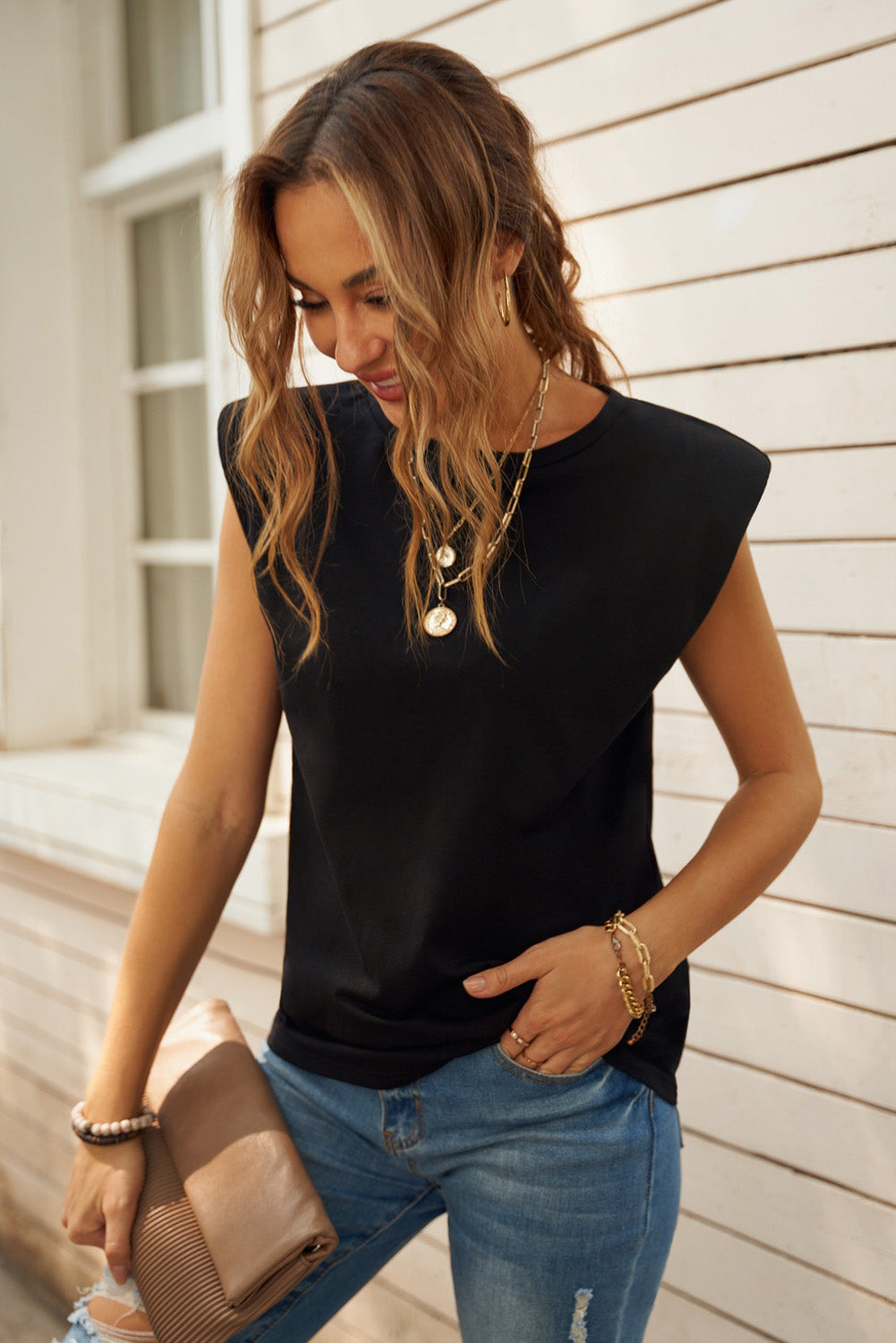 Structured Shoulder Basic Sleeveless Tee