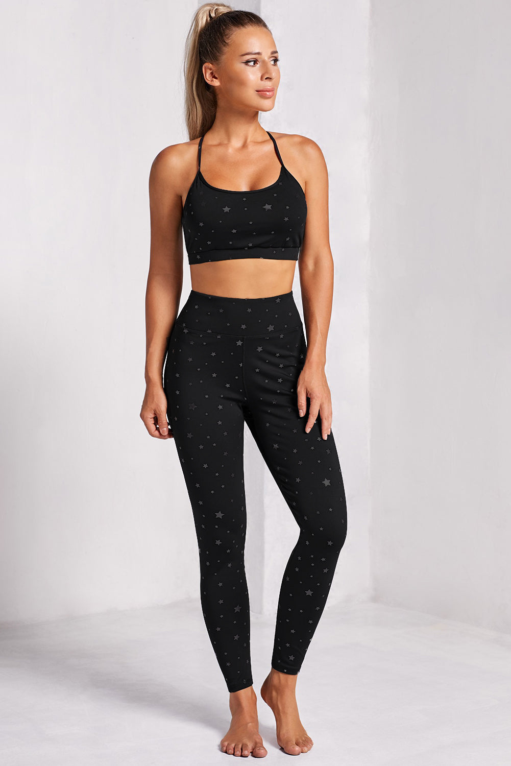 Star Print Sports Bra and Leggings Set Black S