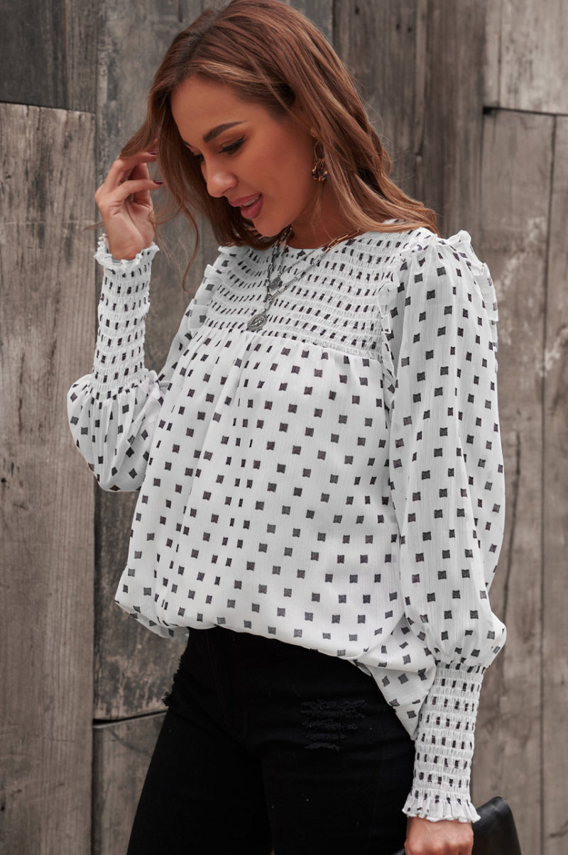 Ruffle Some Feathers Smocked Ruffle Trim Blouse White S