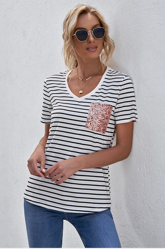 Sequin Pocket Striped Tee White S
