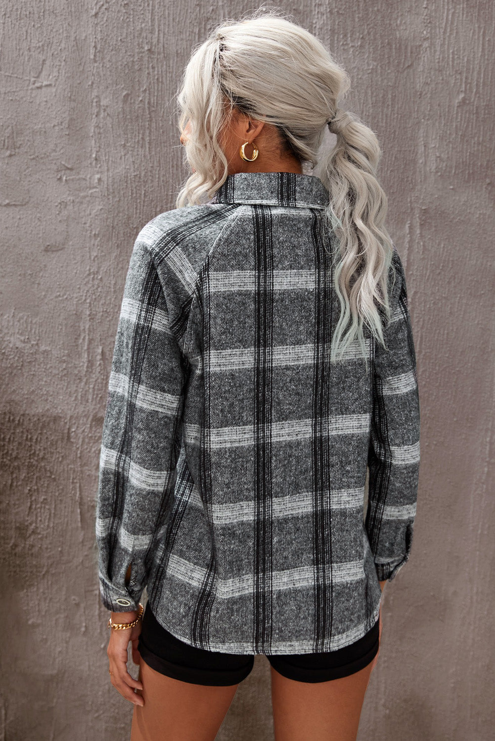 Plaid Print Buttoned Turn Down Collar Shacket