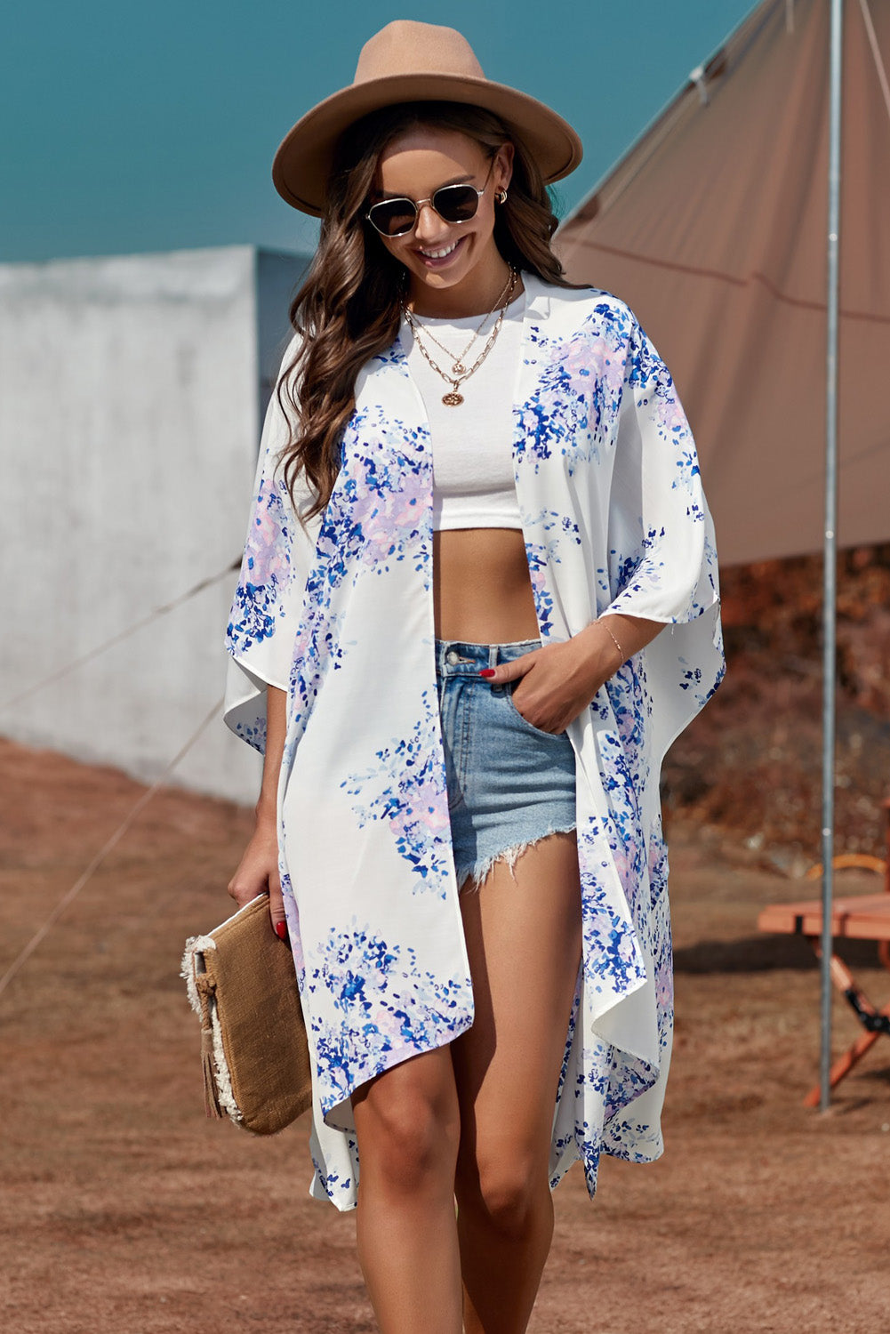 Here Comes the Bloom Floral Print Chiffon Kimono White Lilac One Size