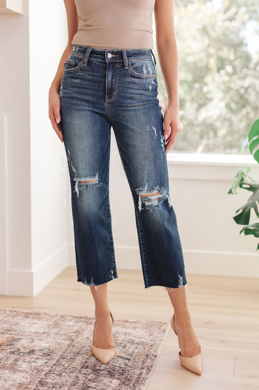Judy Blue Ripped Rebellion High Rise Distressed Wide Leg Crop Jeans Dark Wash 0/24