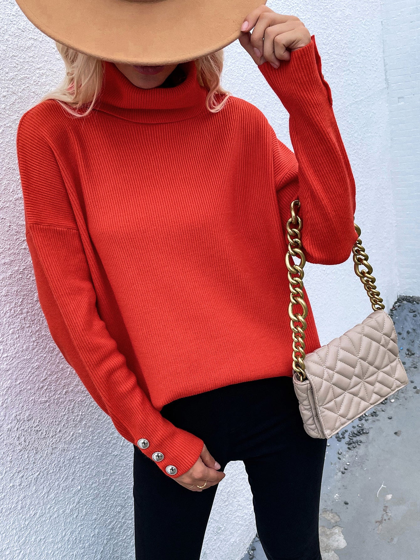 Button Up Rib-Knit Turtleneck Sweater   