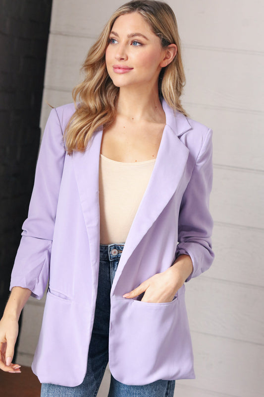She's Got This Lavender Ruched Sleeve Blazer Small  