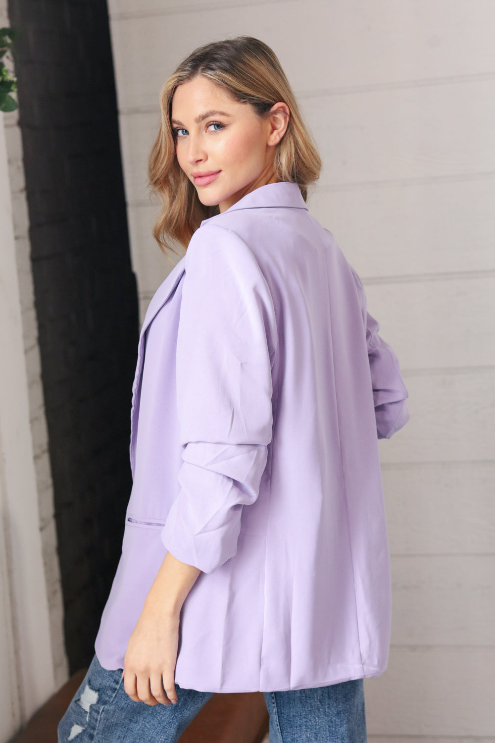 She's Got This Lavender Ruched Sleeve Blazer   