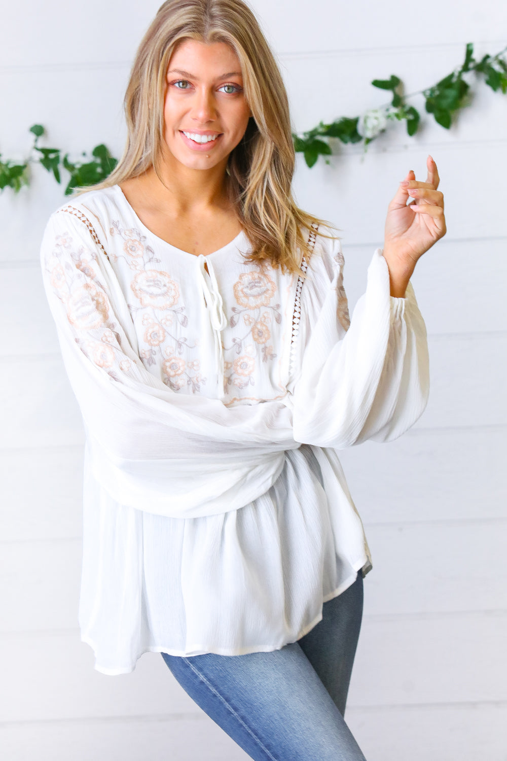 Dream Weaver Embroidered Crochet Peasant Blouse   