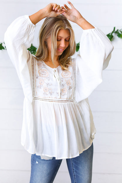 Dream Weaver Embroidered Crochet Peasant Blouse Small  