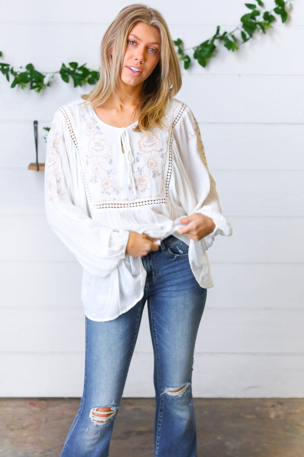 Dream Weaver Embroidered Crochet Peasant Blouse   