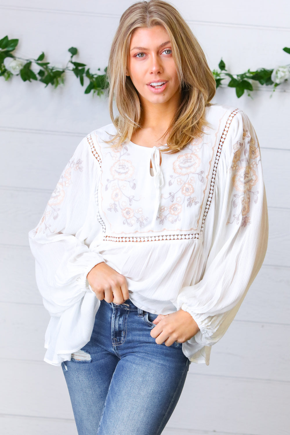 Dream Weaver Embroidered Crochet Peasant Blouse   