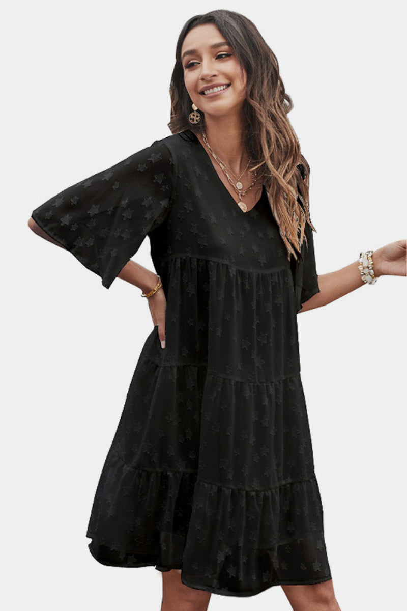 Everywhere You Go Star Flutter Sleeve Tiered Dress Black S 