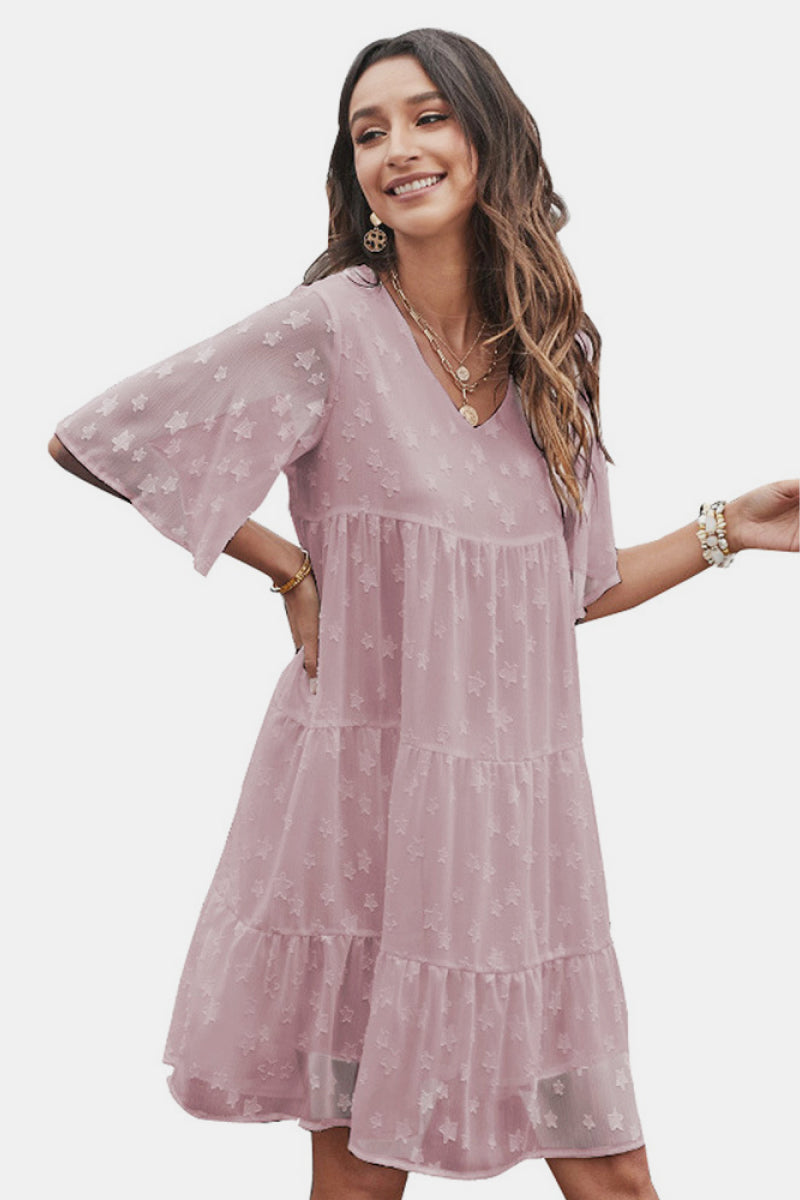 Everywhere You Go Star Flutter Sleeve Tiered Dress Pink S 