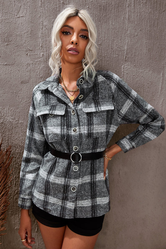 Plaid Print Buttoned Turn Down Collar Shacket   