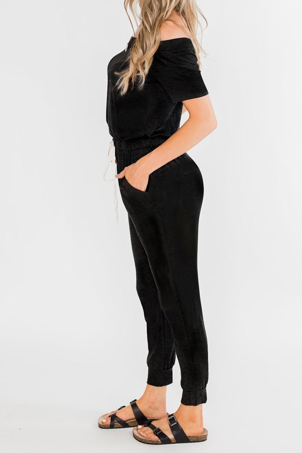 Off shoulder Drawstrings Cropped Leg Jumpsuit Black S 