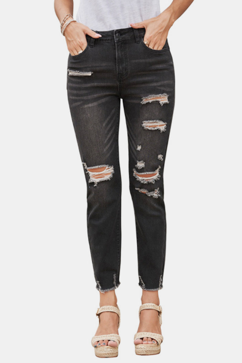 High Rise Distressed Ankle Jeans Black S 