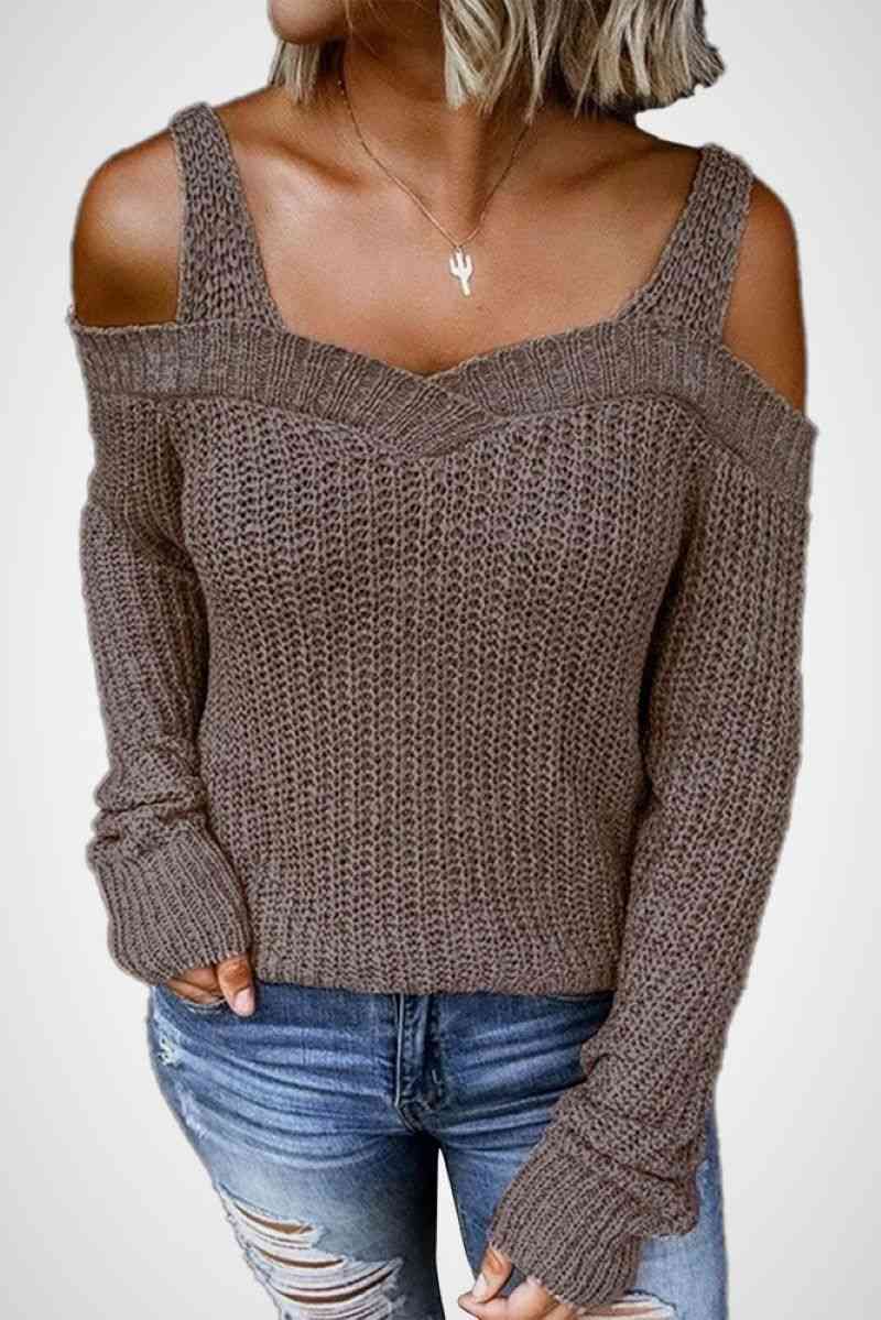 Cold Shoulder Knit Sweater Mocha S 