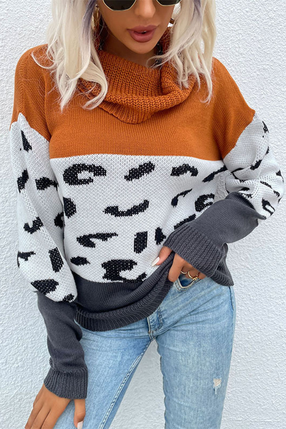 Save My Spot Leopard Color Block Turtleneck Sweater   