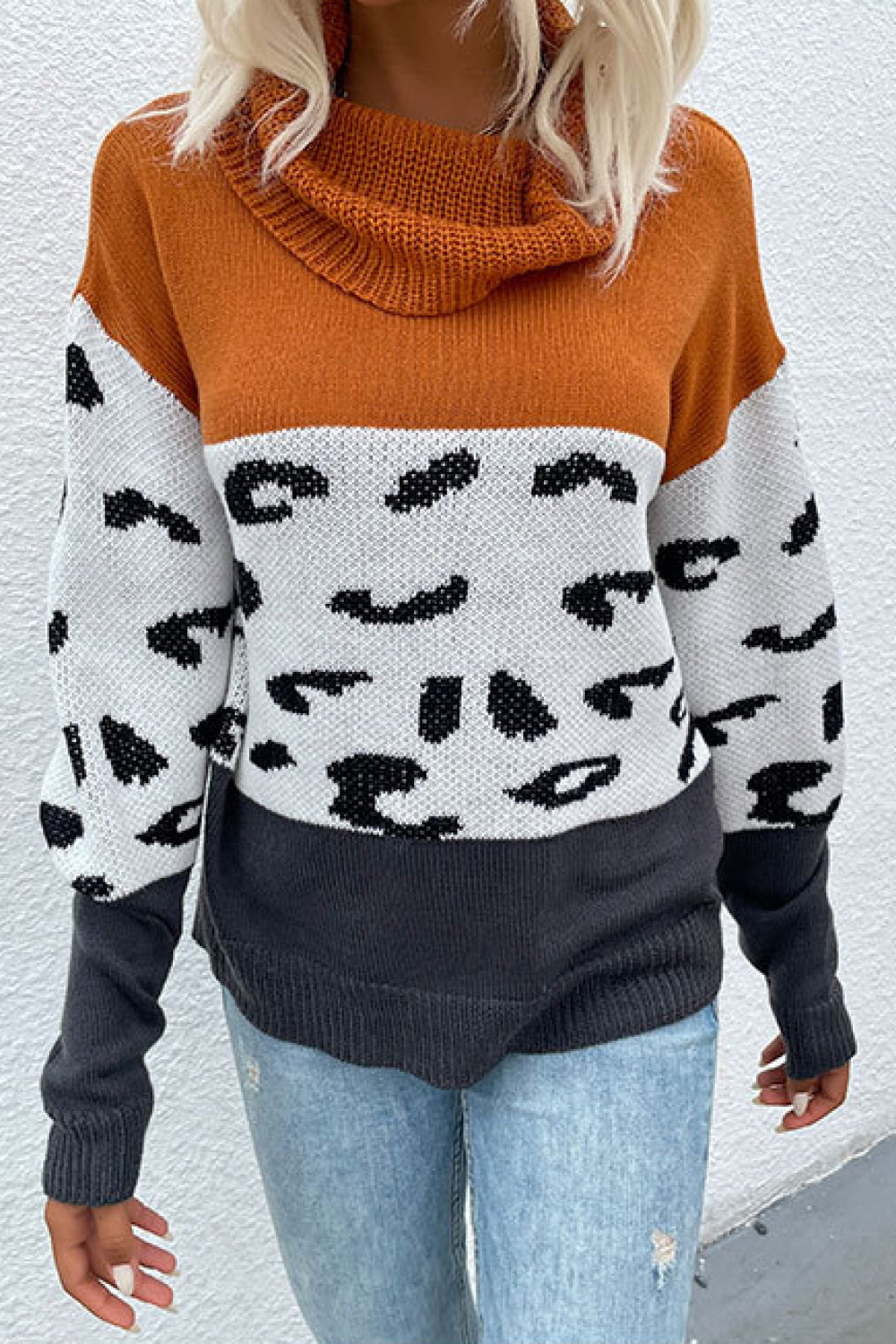 Save My Spot Leopard Color Block Turtleneck Sweater Pumpkin S 