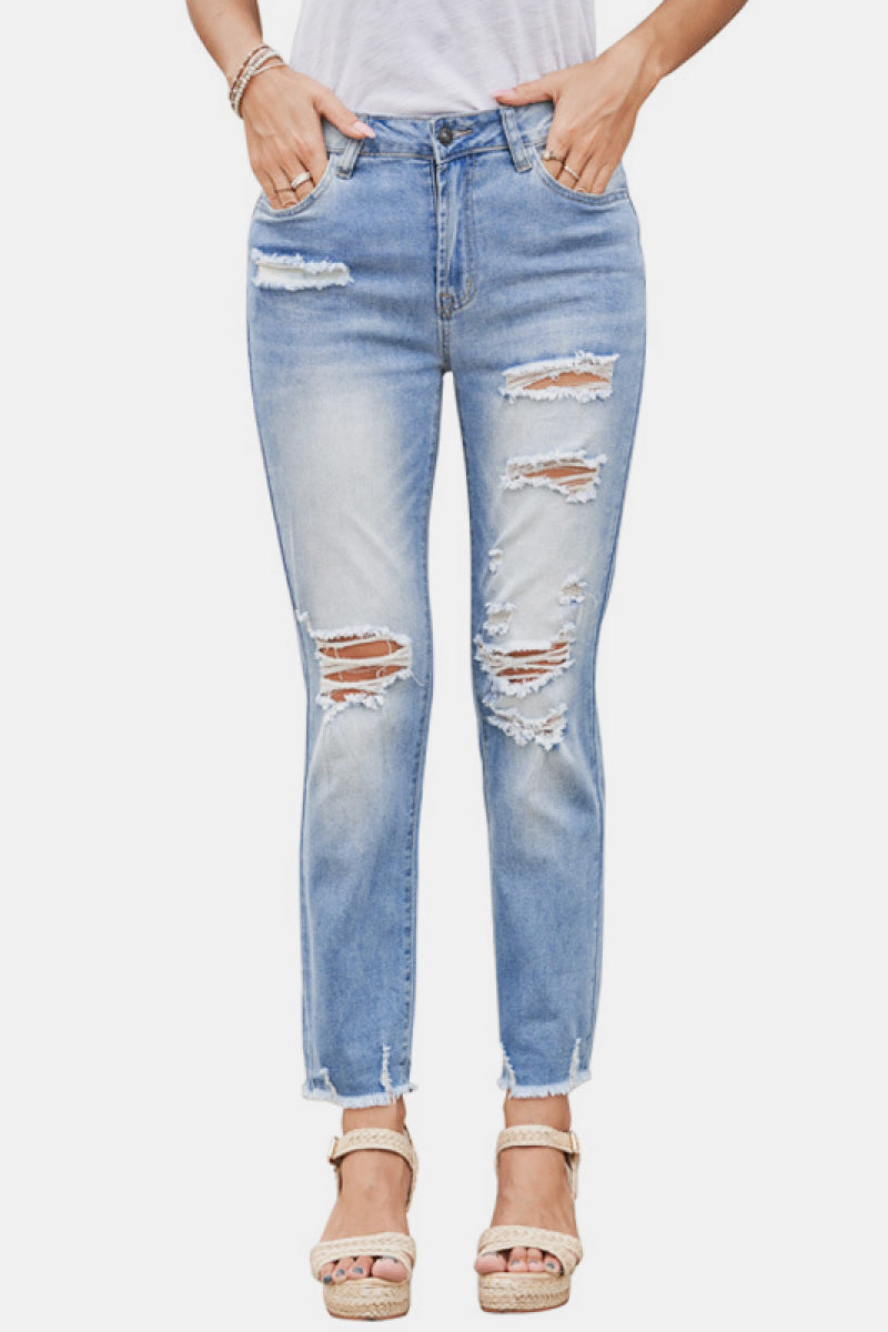 High Rise Distressed Ankle Jeans Light Wash S 