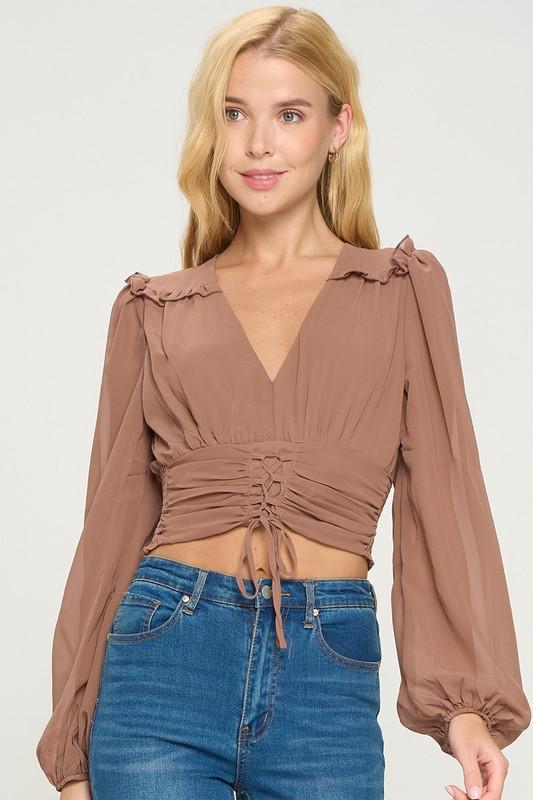 Lace-Up Ruffle Crop Top Mocha S