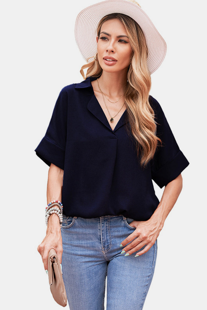Button Back Short Sleeve Top Navy S 