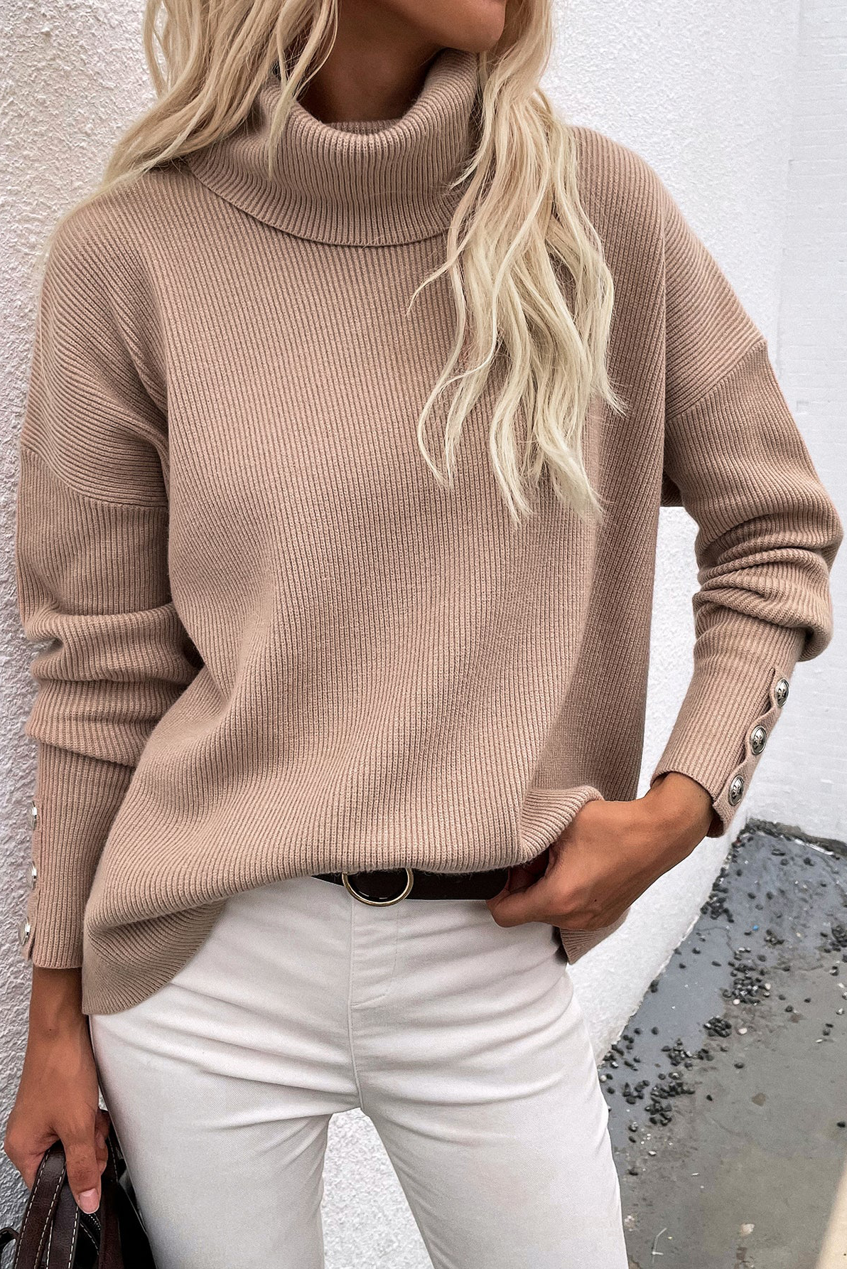 Button Up Rib-Knit Turtleneck Sweater Khaki S 