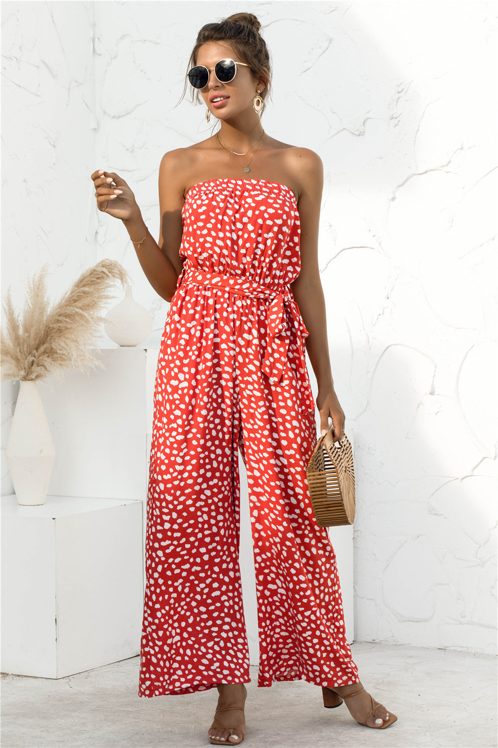 Printed Strapless Wide Leg Jumpsuit Red S 