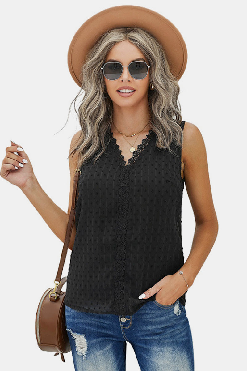 Lace V Neck Sleeveless Top Black S 