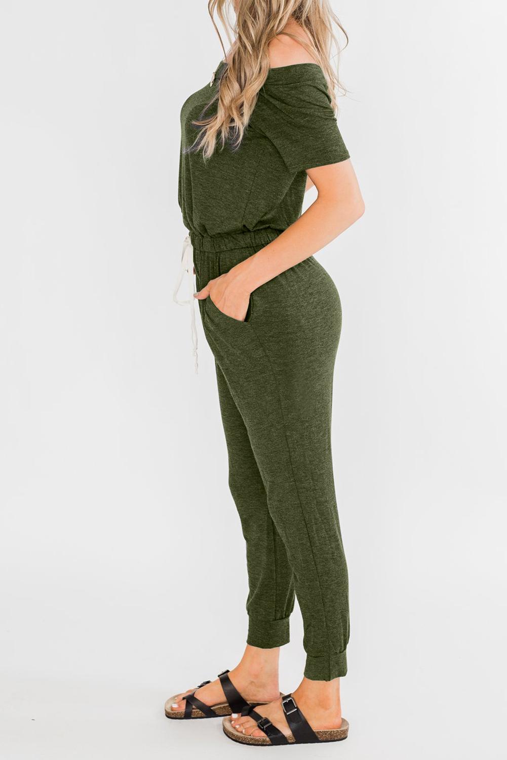 Off shoulder Drawstrings Cropped Leg Jumpsuit Kale S 