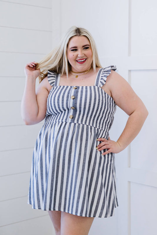 Plus Size Out to Sea Striped Smocked Dress Denim Stripe 1X 