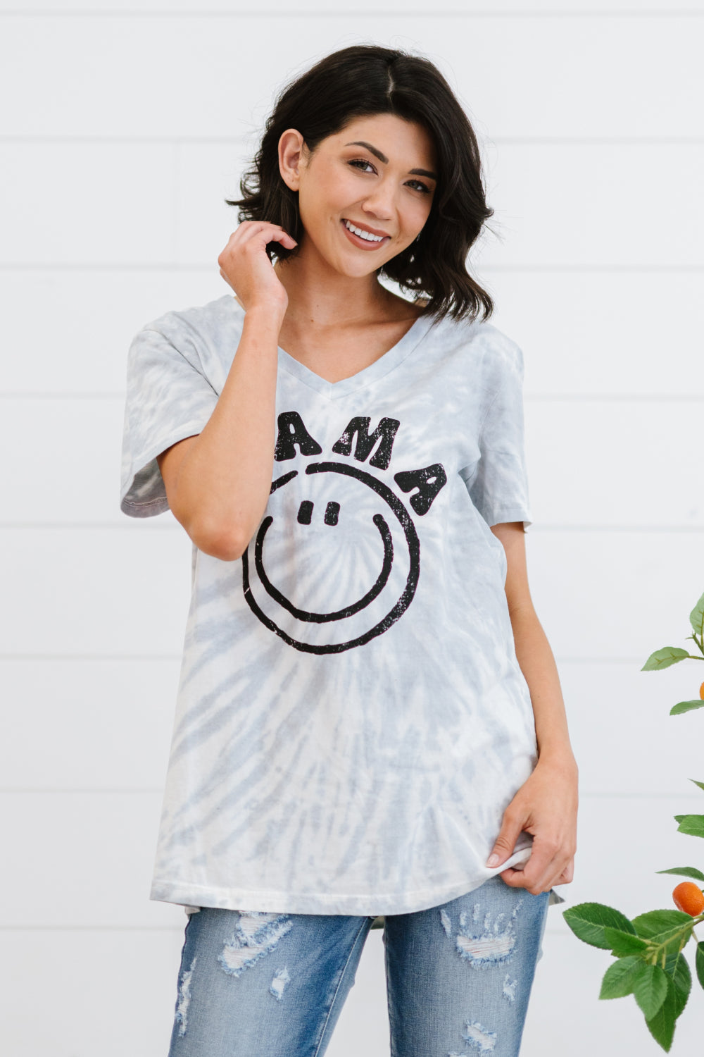 MAMA Smiley Face Graphic Tie-Dye Tee Shirt Gray S 