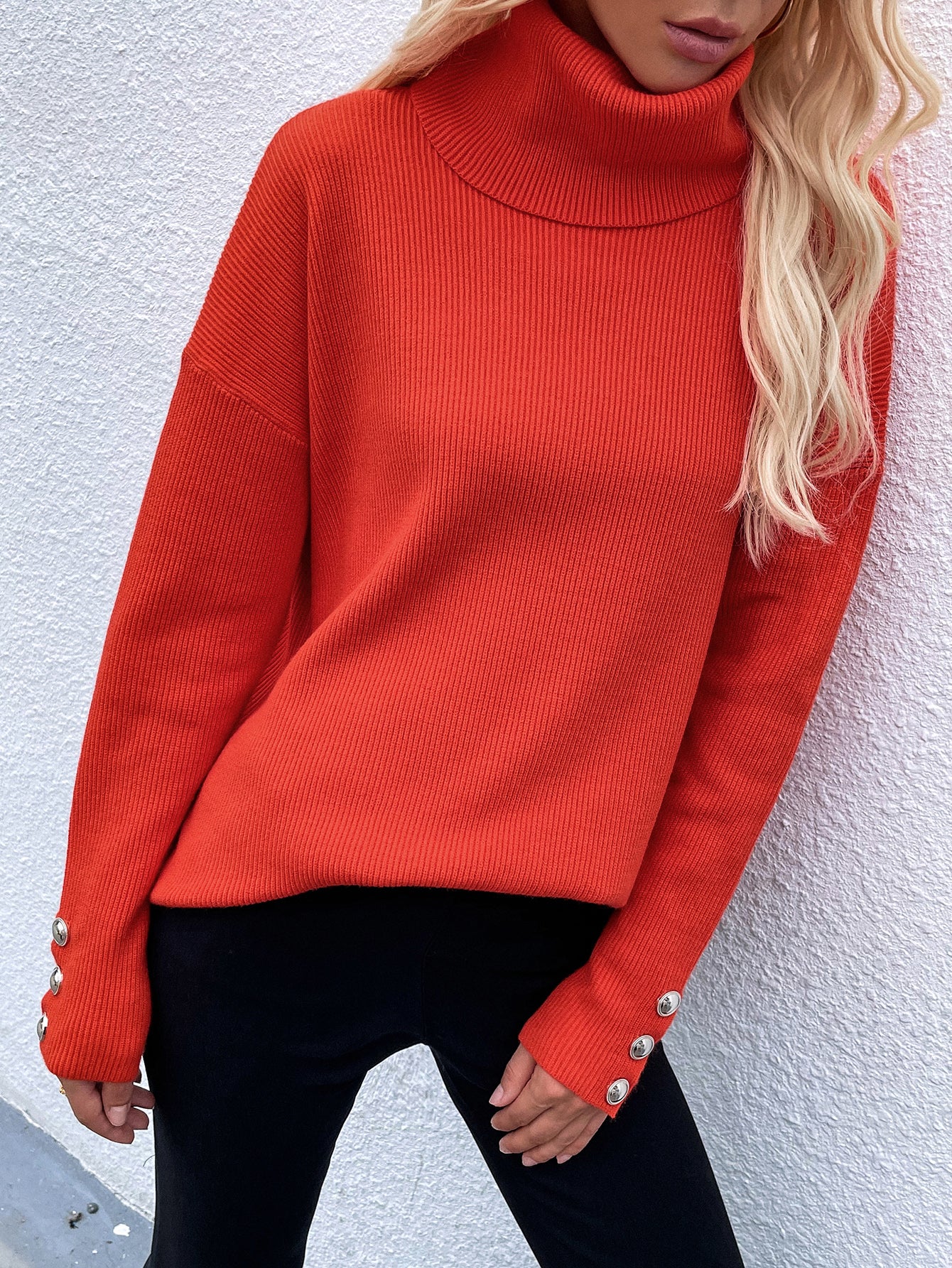 Button Up Rib-Knit Turtleneck Sweater Orange S 
