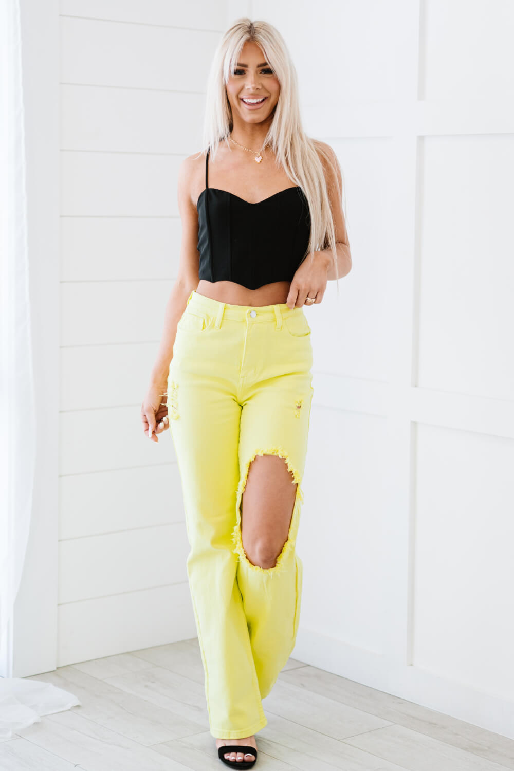 In The Limelight Neon Yellow Destroyed Wide Leg Jeans   