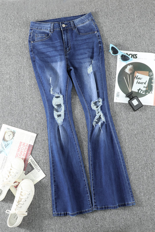 Mid-Rise Distressed Flare Jeans Medium Wash S