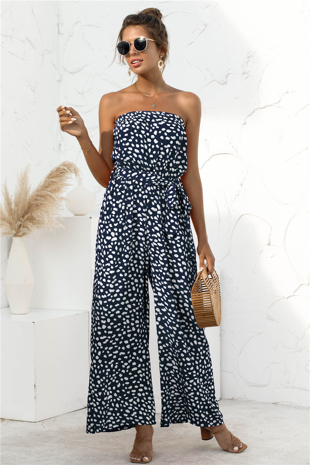 Printed Strapless Wide Leg Jumpsuit Navy S 