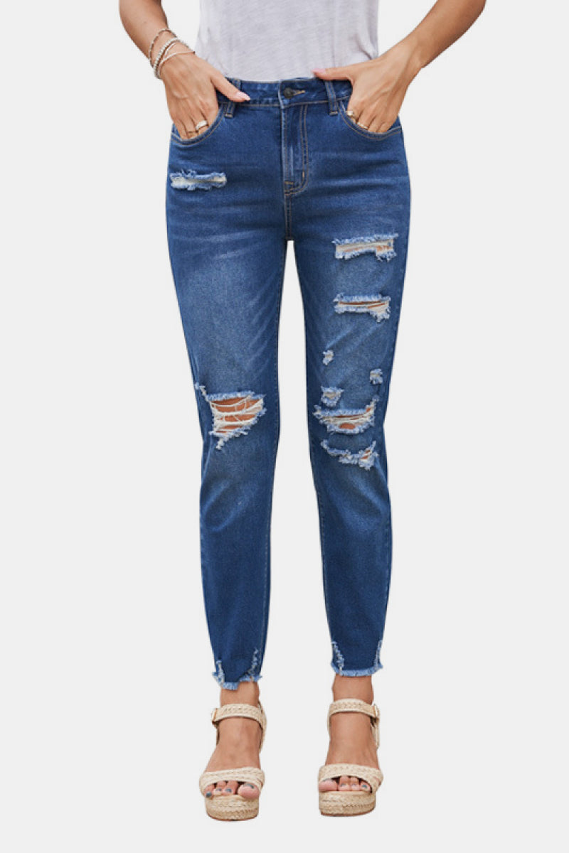 High Rise Distressed Ankle Jeans Medium Wash S 